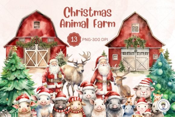 Charming Watercolor Christmas Animal Farm Clipart