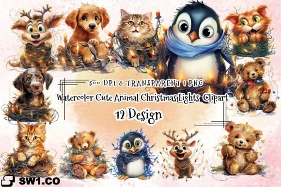 Charming Watercolor Cute Animal Christmas Lights Clipart