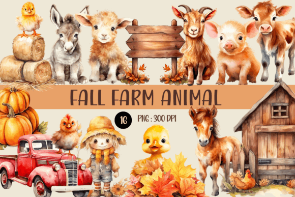 Fall Farm Animal Watercolor PNG Clipart for Autumn Projects