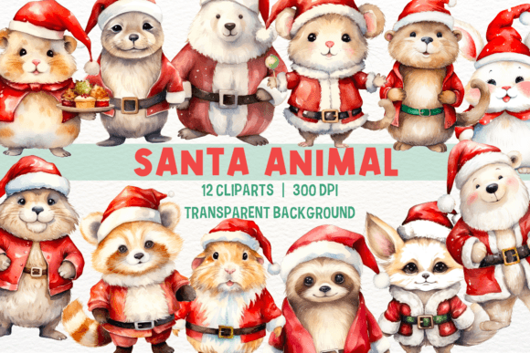 Whimsical Watercolor Santa Animal Clipart for Holiday Designs
